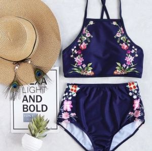 Navy blue high waist two piece swimsuit